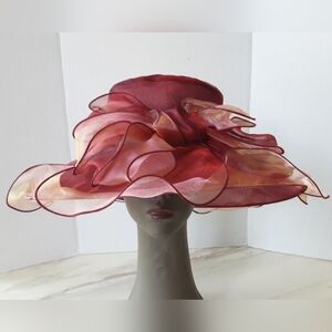 Saferin Organza Burgundy | Pink Wide Brim Derby Church Big Bow Hat - NWOT
